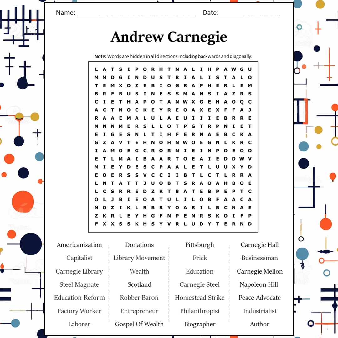 Andrew Carnegie Word Search Puzzle Worksheet Activity PDF