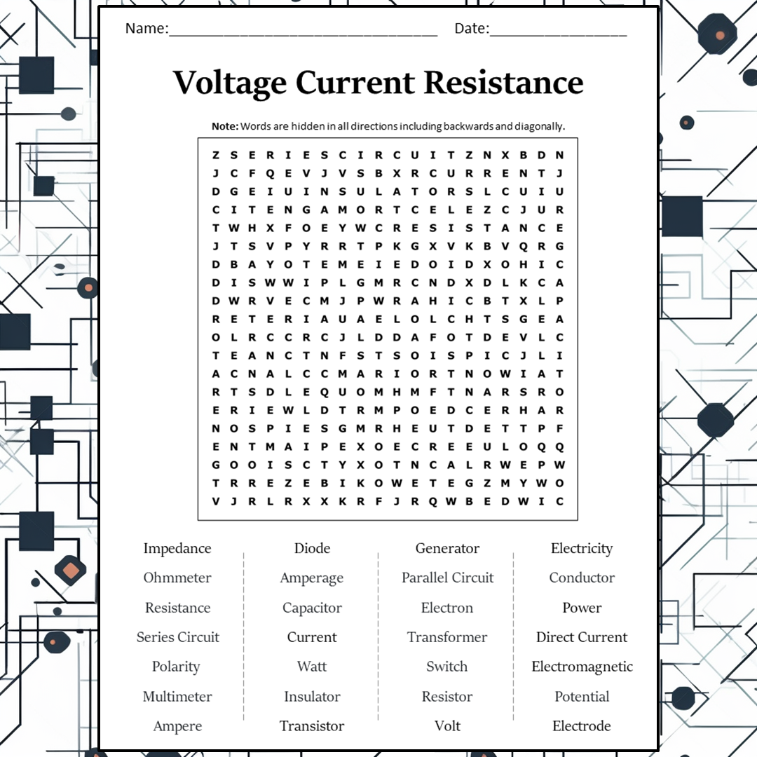 Voltage Current Resistance Word Search Puzzle Worksheet Activity PDF