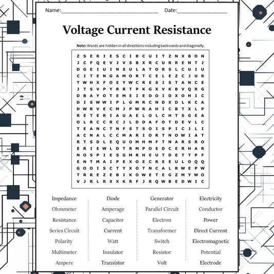 Voltage Current Resistance Word Search Puzzle Worksheet Activity PDF