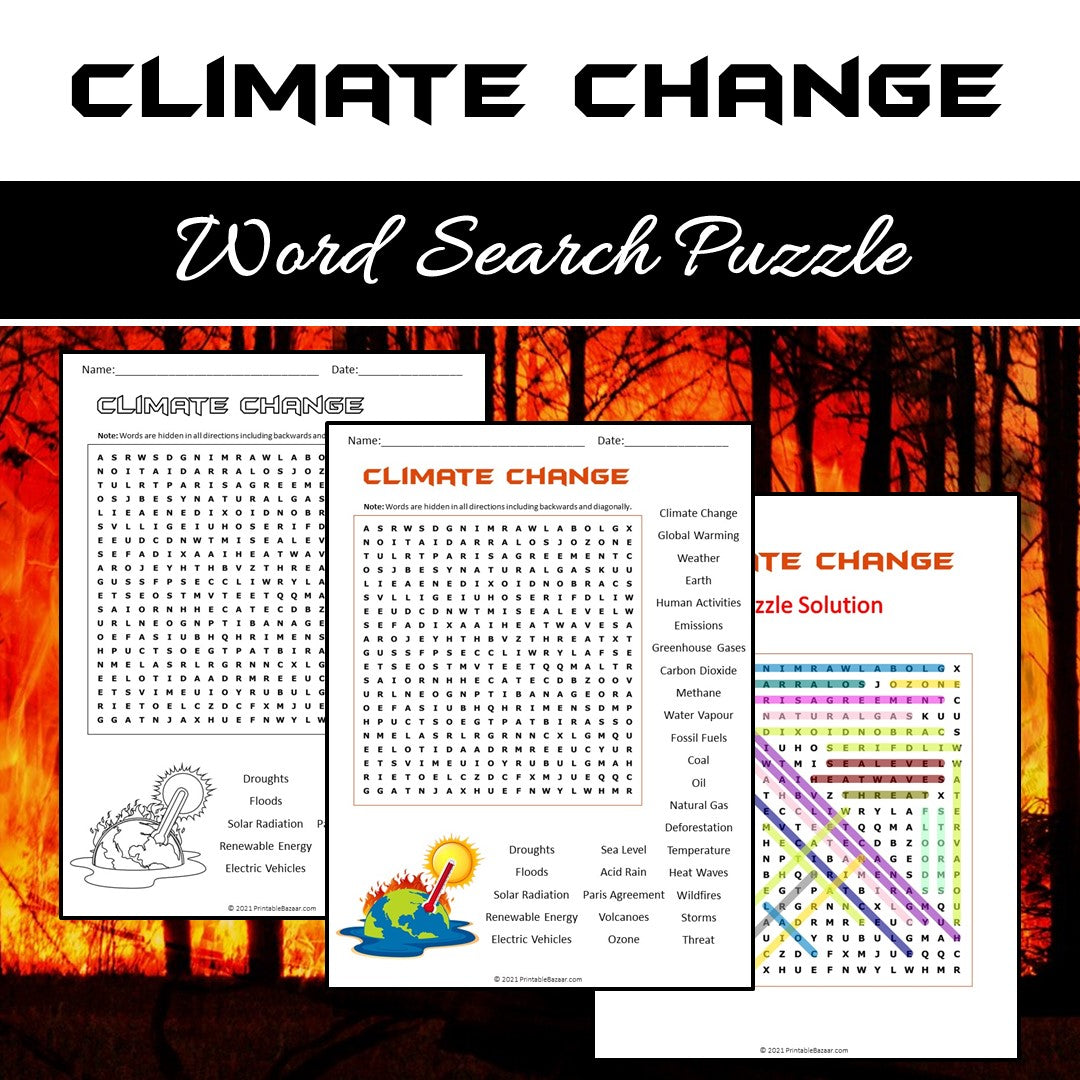 Climate Change Word Search Puzzle Worksheet PDF