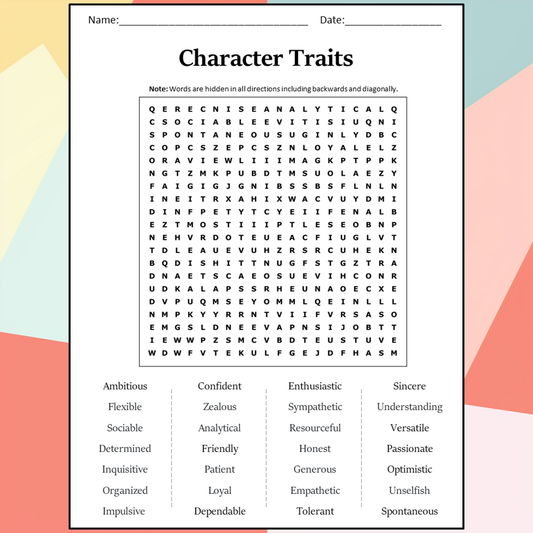 Character Traits Word Search Puzzle Worksheet Activity PDF