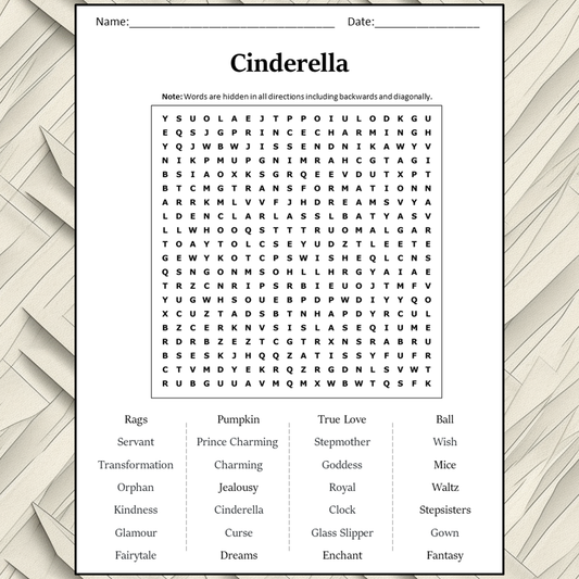 Cinderella Word Search Puzzle Worksheet Activity PDF