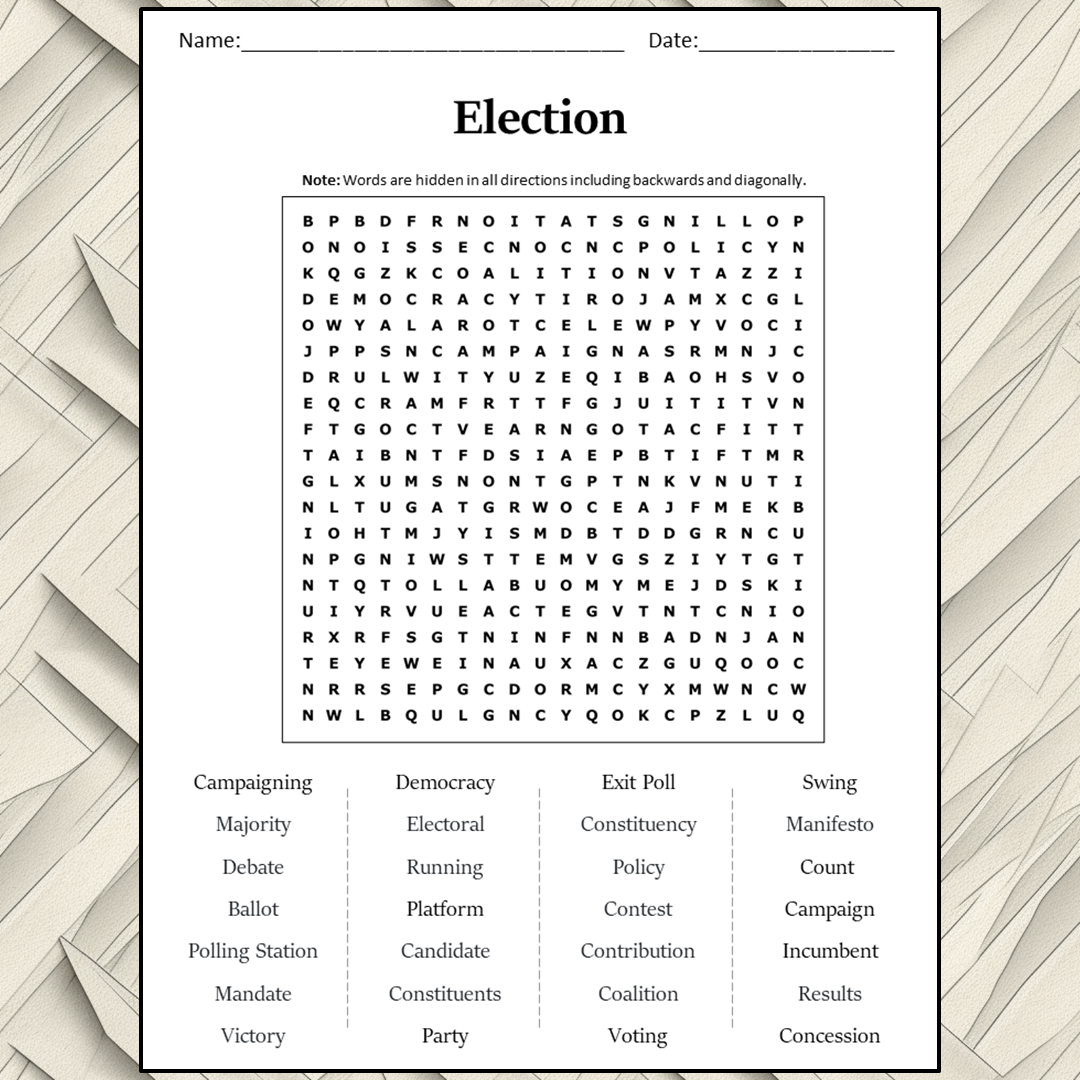 Election Word Search Puzzle Worksheet Activity PDF