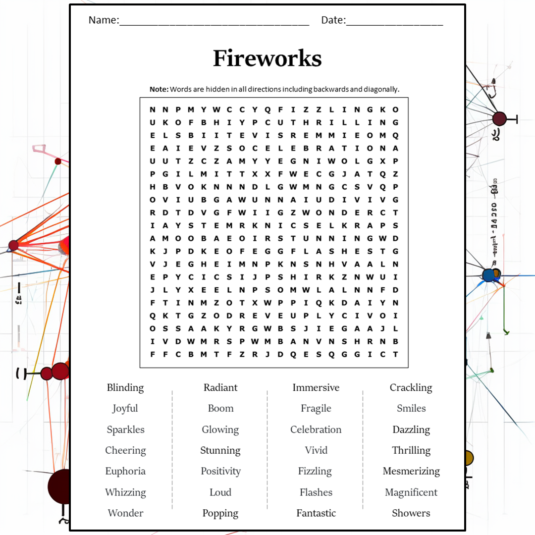 Fireworks Word Search Puzzle Worksheet Activity PDF