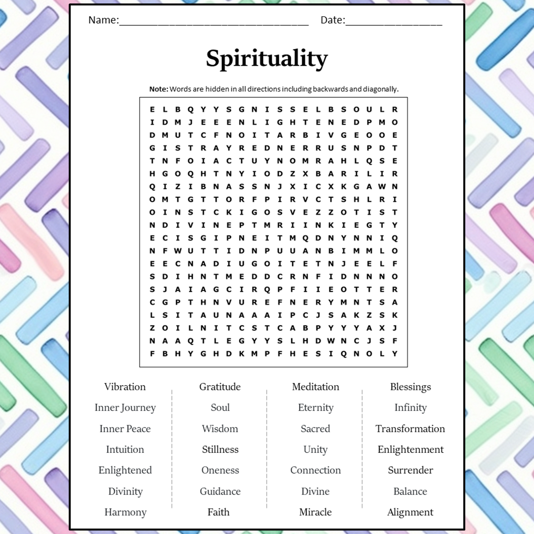 Spirituality Word Search Puzzle Worksheet Activity PDF