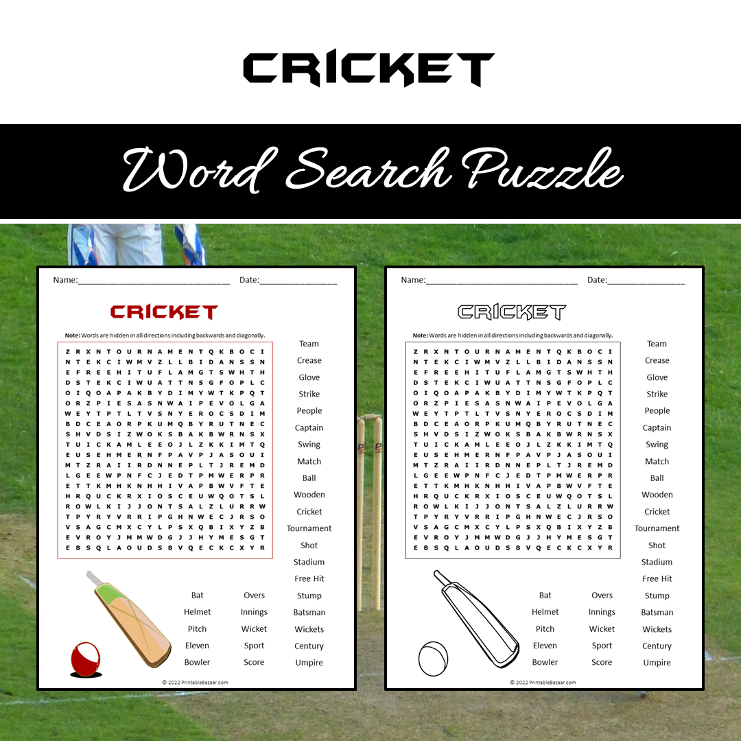 Cricket Word Search Puzzle Worksheet PDF