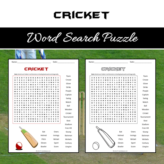 Cricket Word Search Puzzle Worksheet PDF