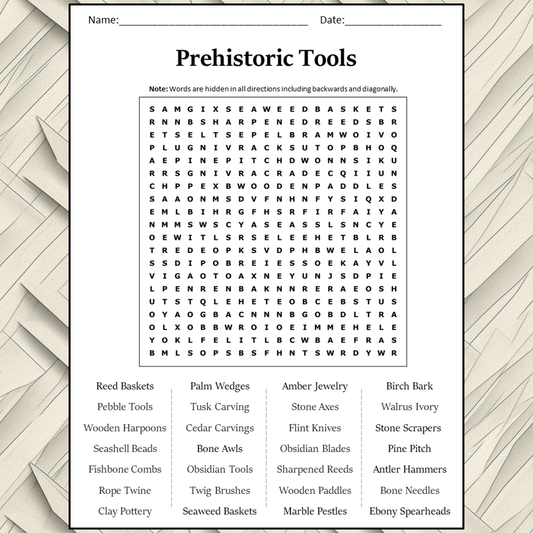 Prehistoric Tools Word Search Puzzle Worksheet Activity PDF