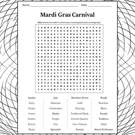 Mardi Gras Carnival Word Search Puzzle Worksheet Activity PDF