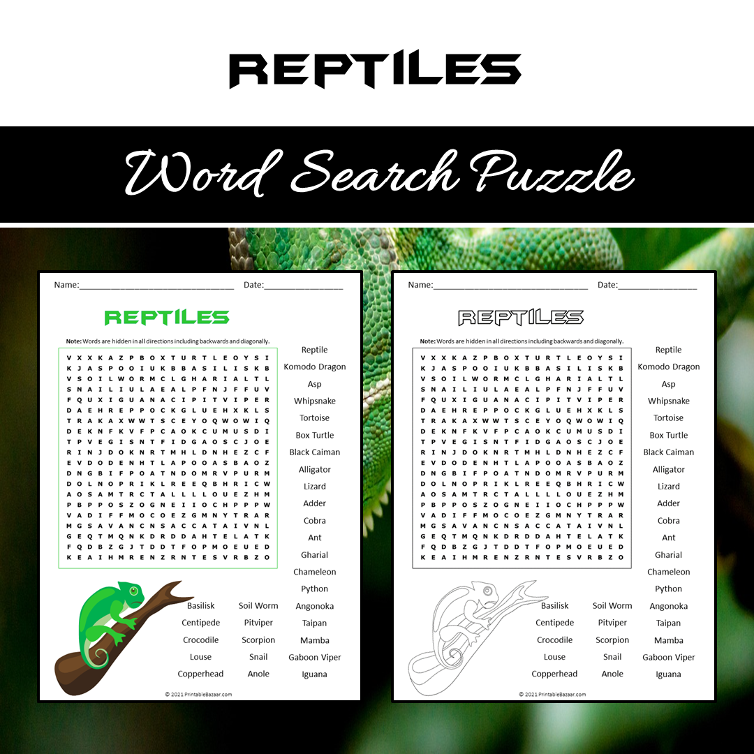 Reptiles Word Search Puzzle Worksheet PDF