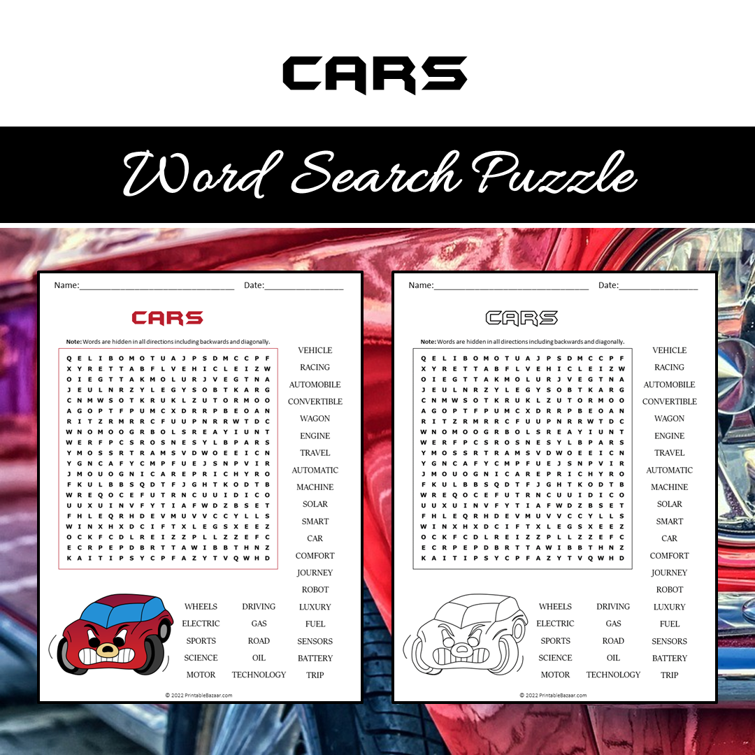 Cars Word Search Puzzle Worksheet PDF