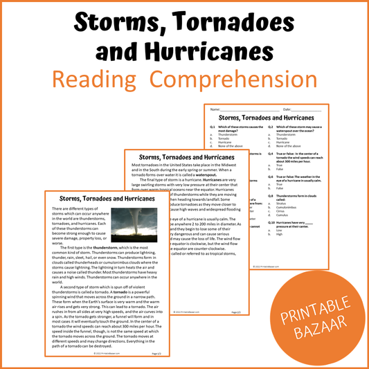 Storms, Tornadoes, and Hurricanes Reading Comprehension Passage and Questions | Printable PDF