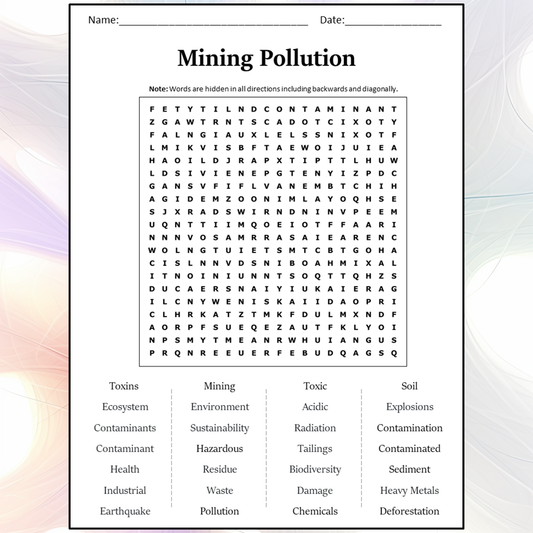 Mining Pollution Word Search Puzzle Worksheet Activity PDF