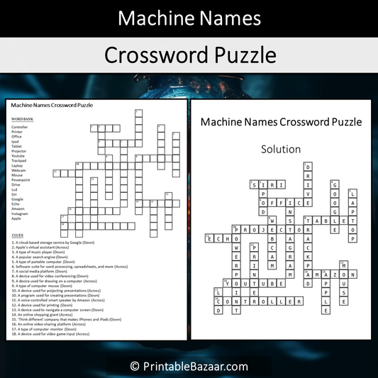 Machine Names Crossword Puzzle Worksheet Activity Printable PDF