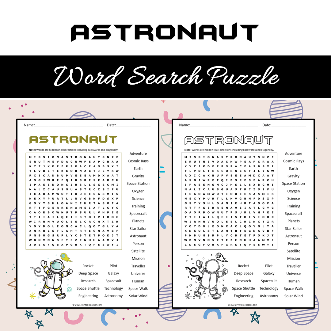 Astronaut Word Search Puzzle Worksheet PDF