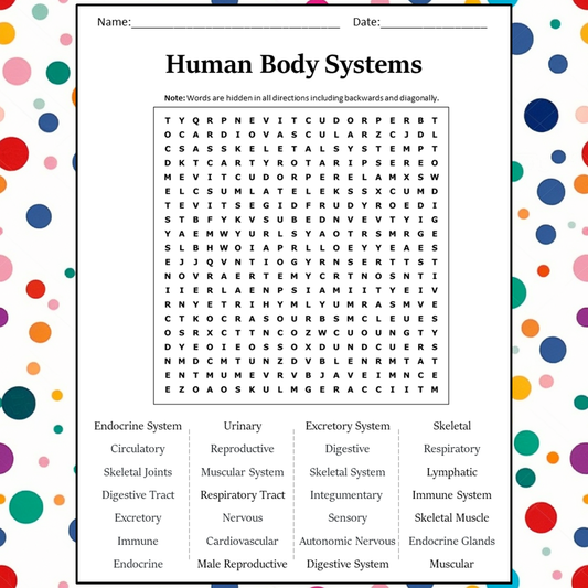 Human Body Systems Word Search Puzzle Worksheet Activity PDF