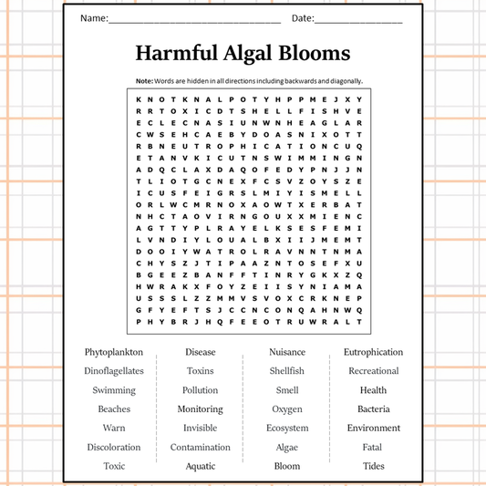 Harmful Algal Blooms Word Search Puzzle Worksheet Activity PDF