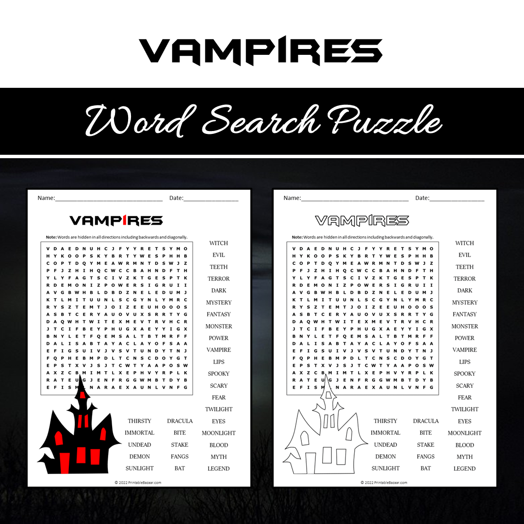 Vampires Word Search Puzzle Worksheet PDF