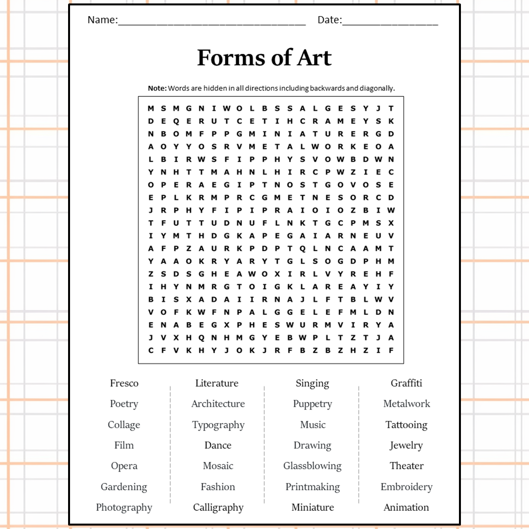 Forms Of Art Word Search Puzzle Worksheet Activity PDF