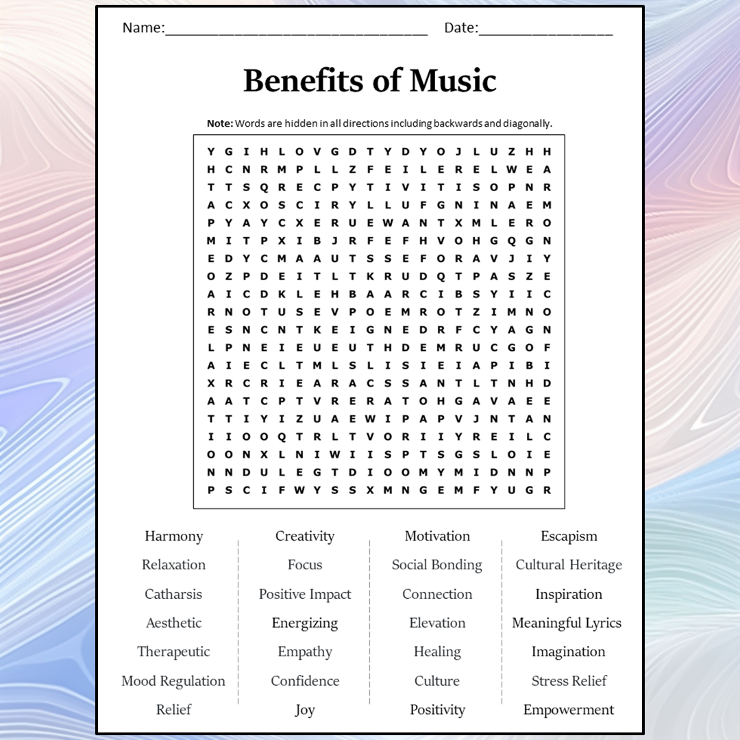 Benefits Of Music Word Search Puzzle Worksheet Activity PDF ...