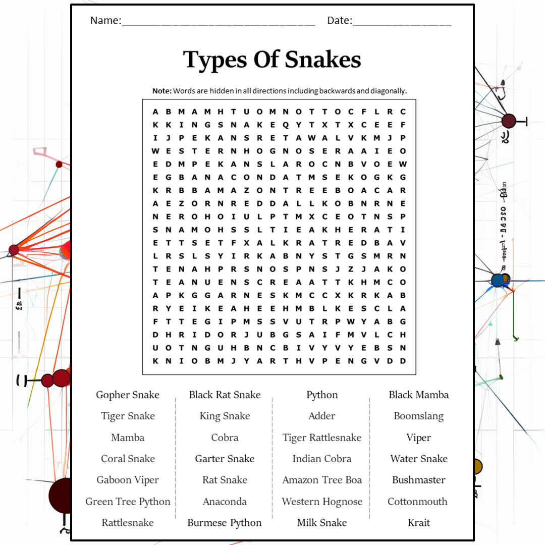 Types Of Snakes Word Search Puzzle Worksheet Activity PDF