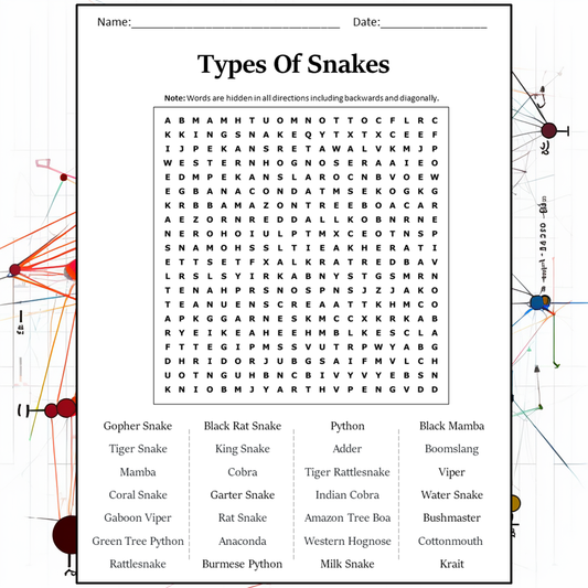 Types Of Snakes Word Search Puzzle Worksheet Activity PDF