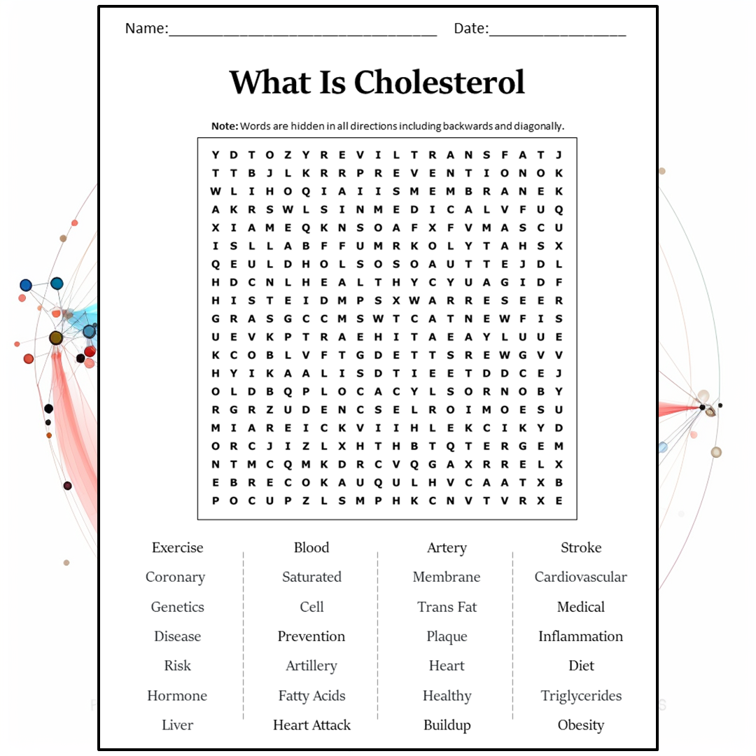 What Is Cholesterol Word Search Puzzle Worksheet Activity PDF