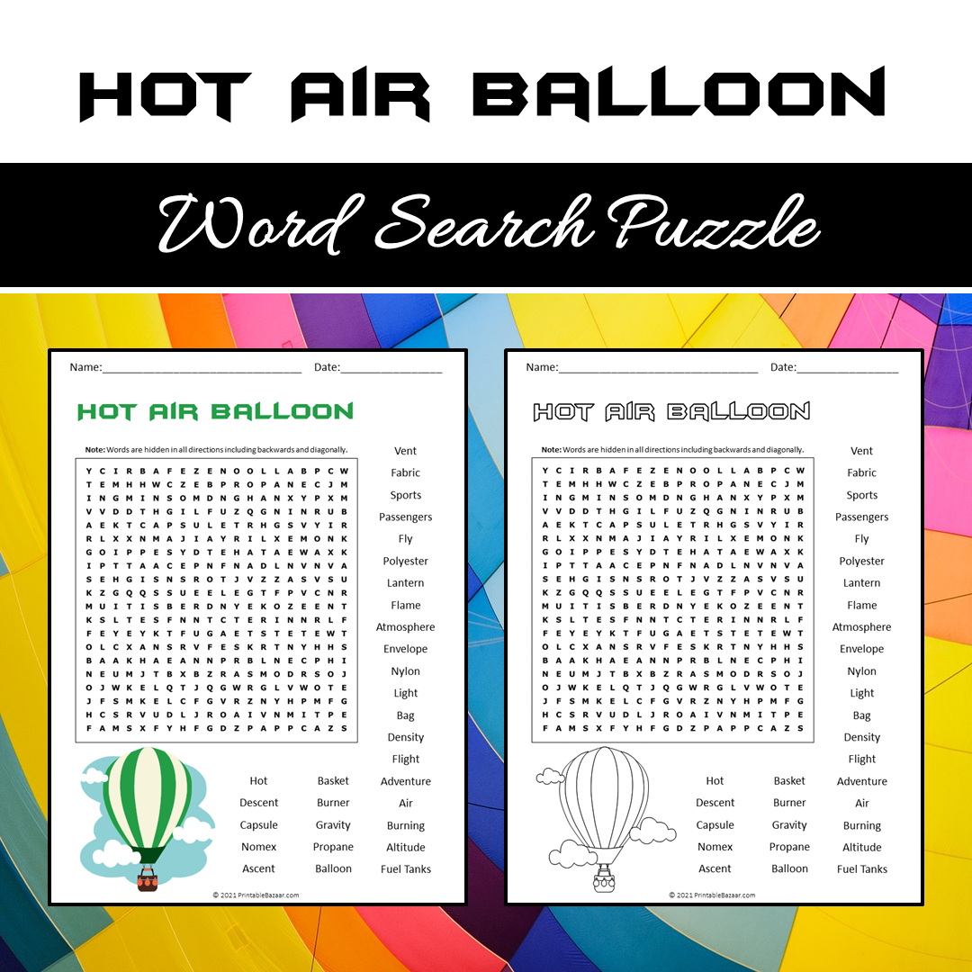 Hot Air Balloon Word Search Puzzle Worksheet PDF