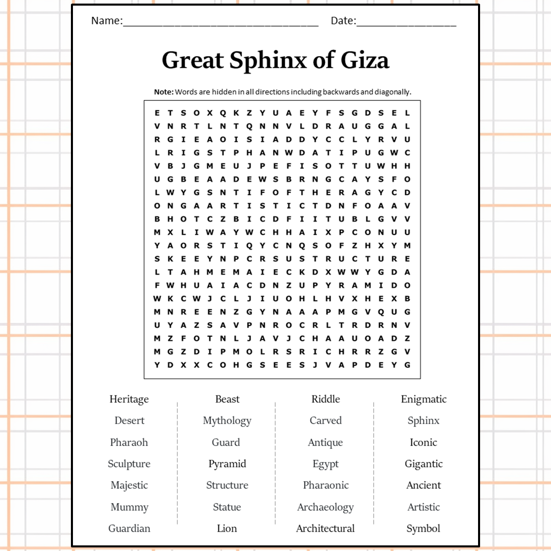 Great Sphinx Of Giza Word Search Puzzle Worksheet Activity PDF