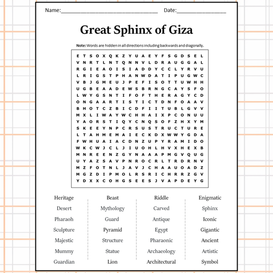 Great Sphinx Of Giza Word Search Puzzle Worksheet Activity PDF