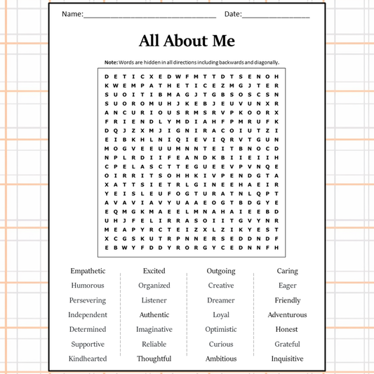 All About Me Word Search Puzzle Worksheet Activity PDF