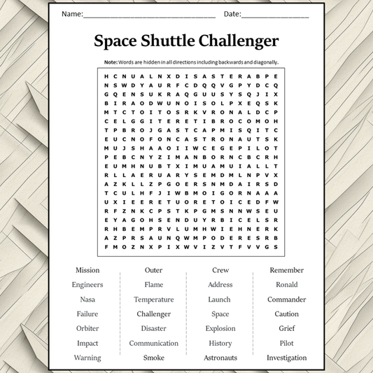 Space Shuttle Challenger Word Search Puzzle Worksheet Activity PDF