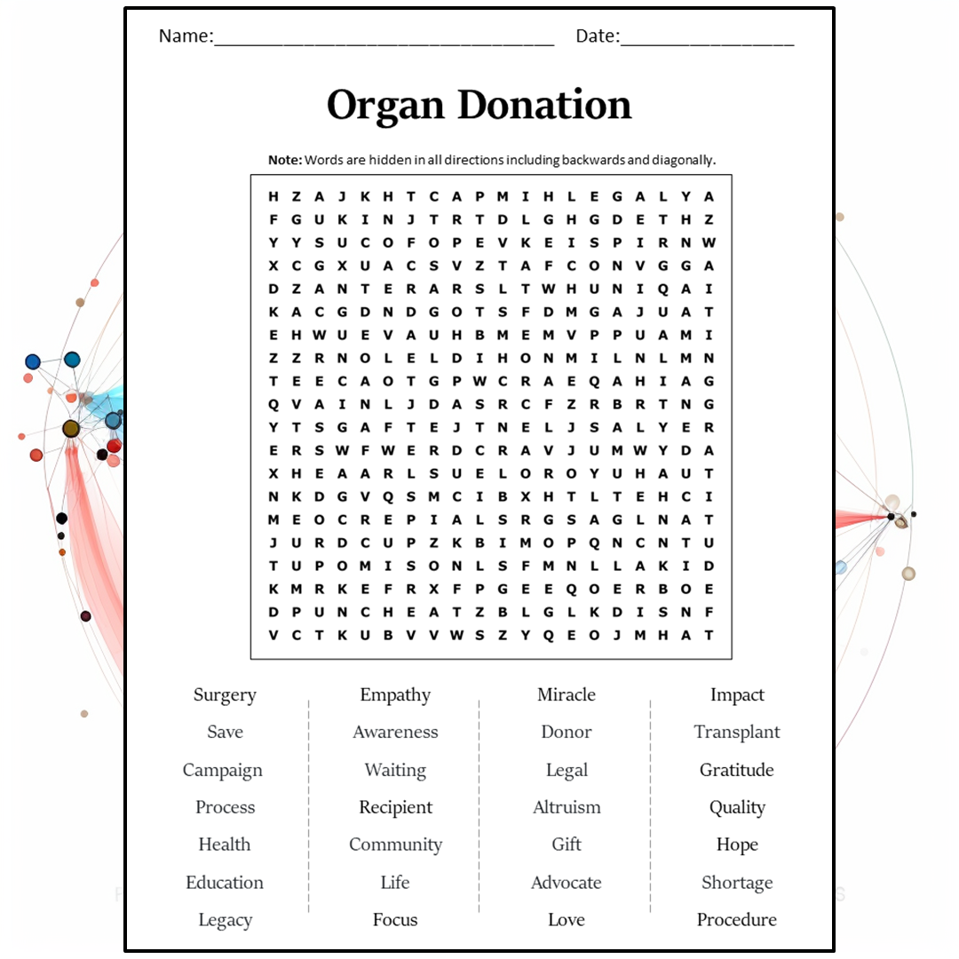 Organ Donation Word Search Puzzle Worksheet Activity PDF