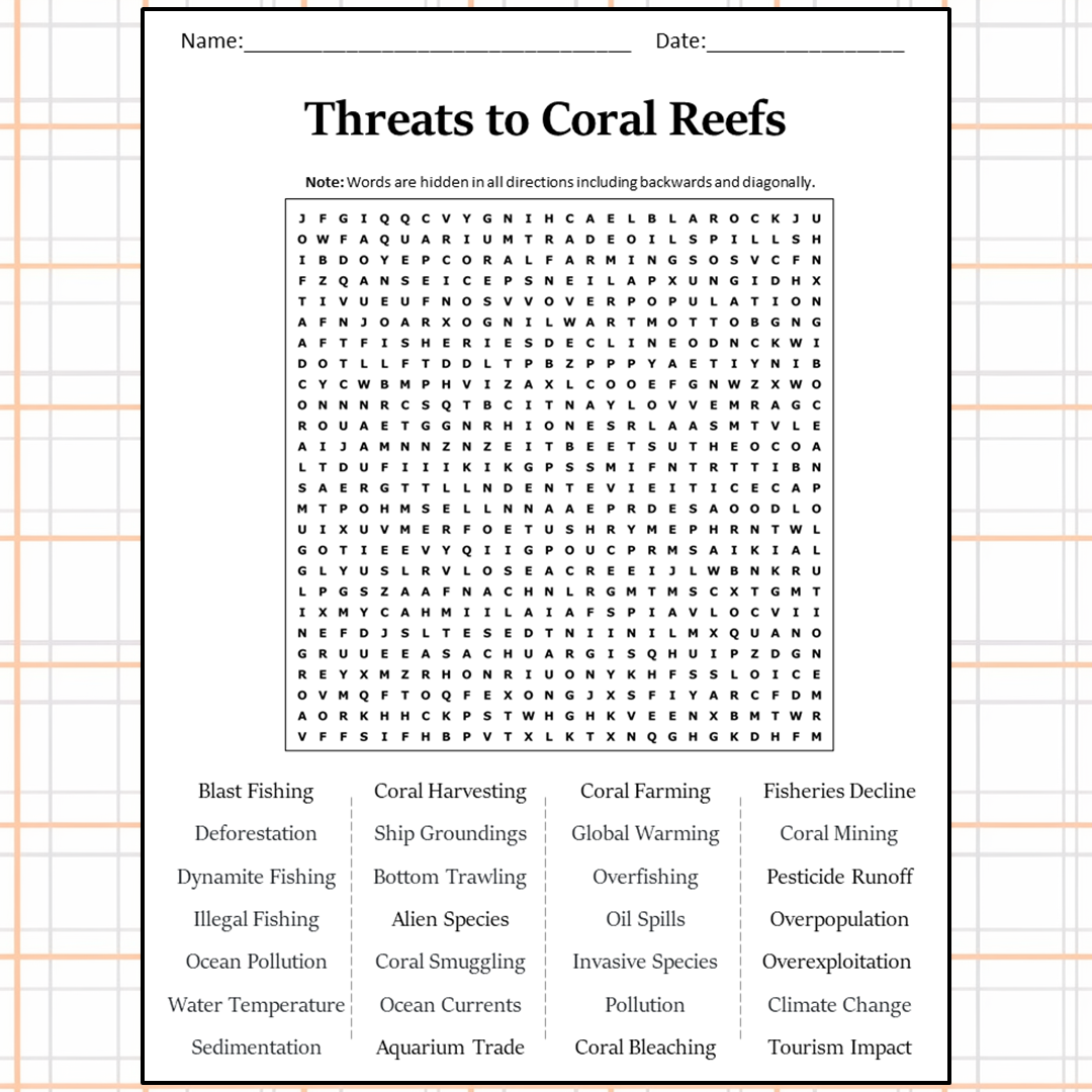 Threats To Coral Reefs Word Search Puzzle Worksheet Activity PDF