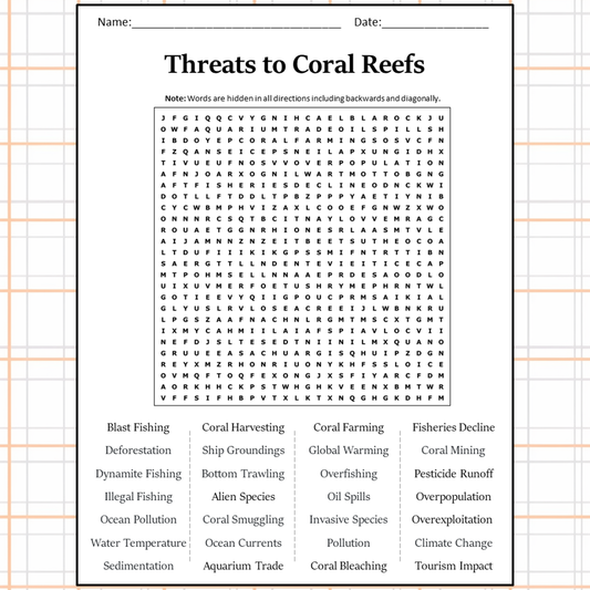 Threats To Coral Reefs Word Search Puzzle Worksheet Activity PDF