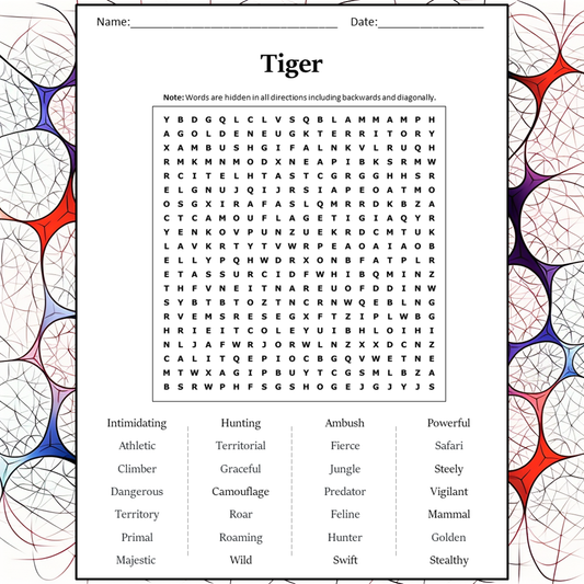 Tiger Word Search Puzzle Worksheet Activity PDF