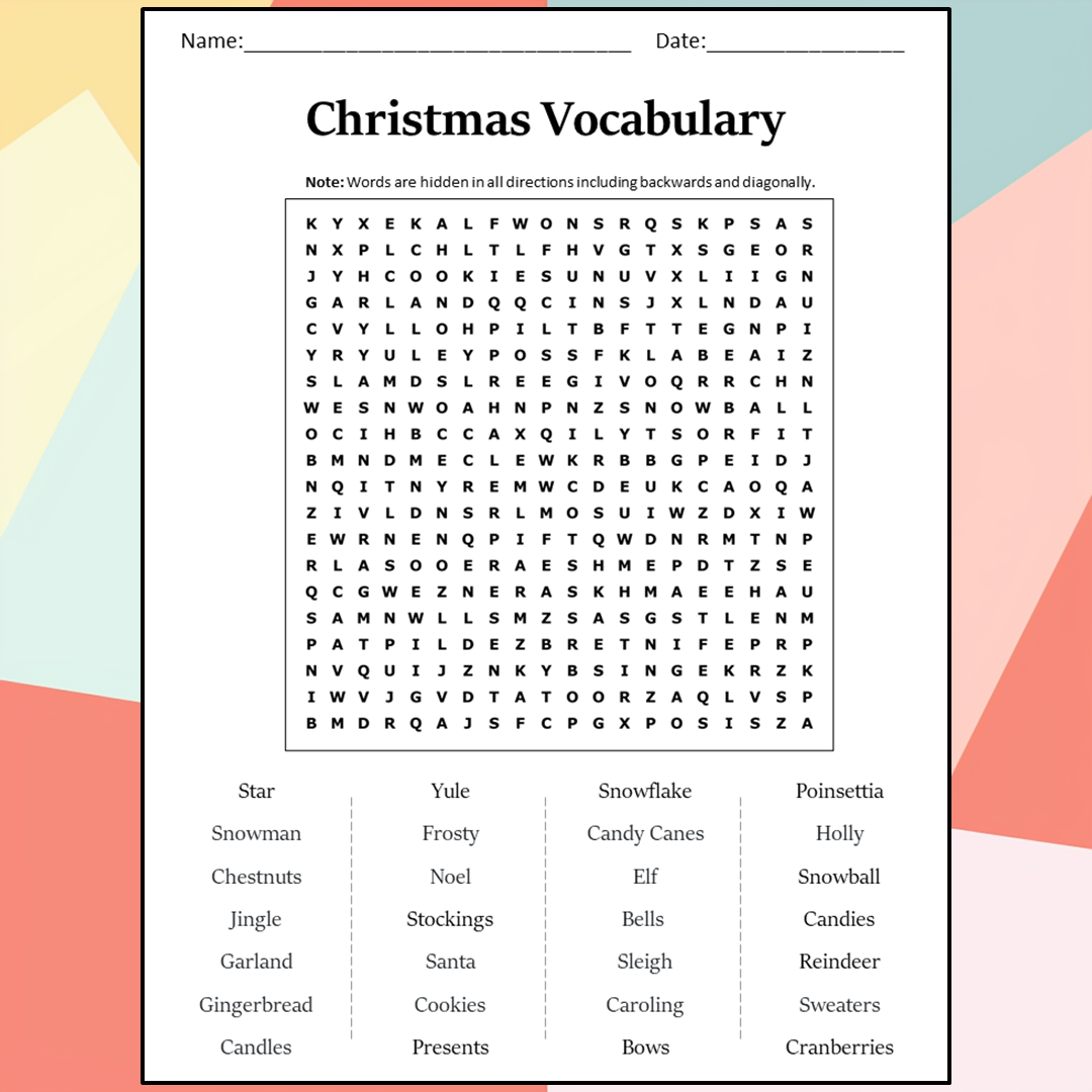 Christmas Vocabulary Word Search Puzzle Worksheet Activity PDF