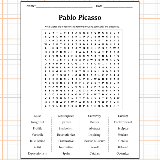 Pablo Picasso Word Search Puzzle Worksheet Activity PDF