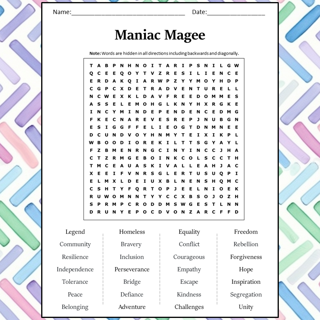 Maniac Magee Word Search Puzzle Worksheet Activity PDF – PrintableBazaar