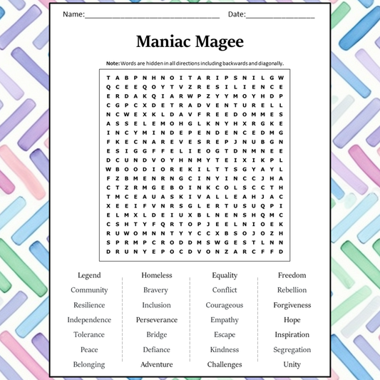 Maniac Magee Word Search Puzzle Worksheet Activity PDF