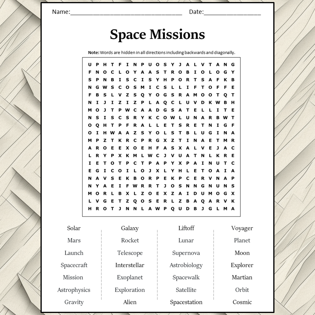 Space Missions Word Search Puzzle Worksheet Activity PDF