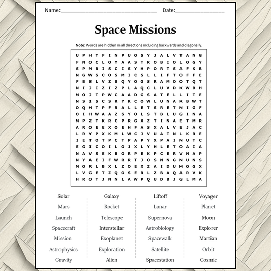 Space Missions Word Search Puzzle Worksheet Activity PDF