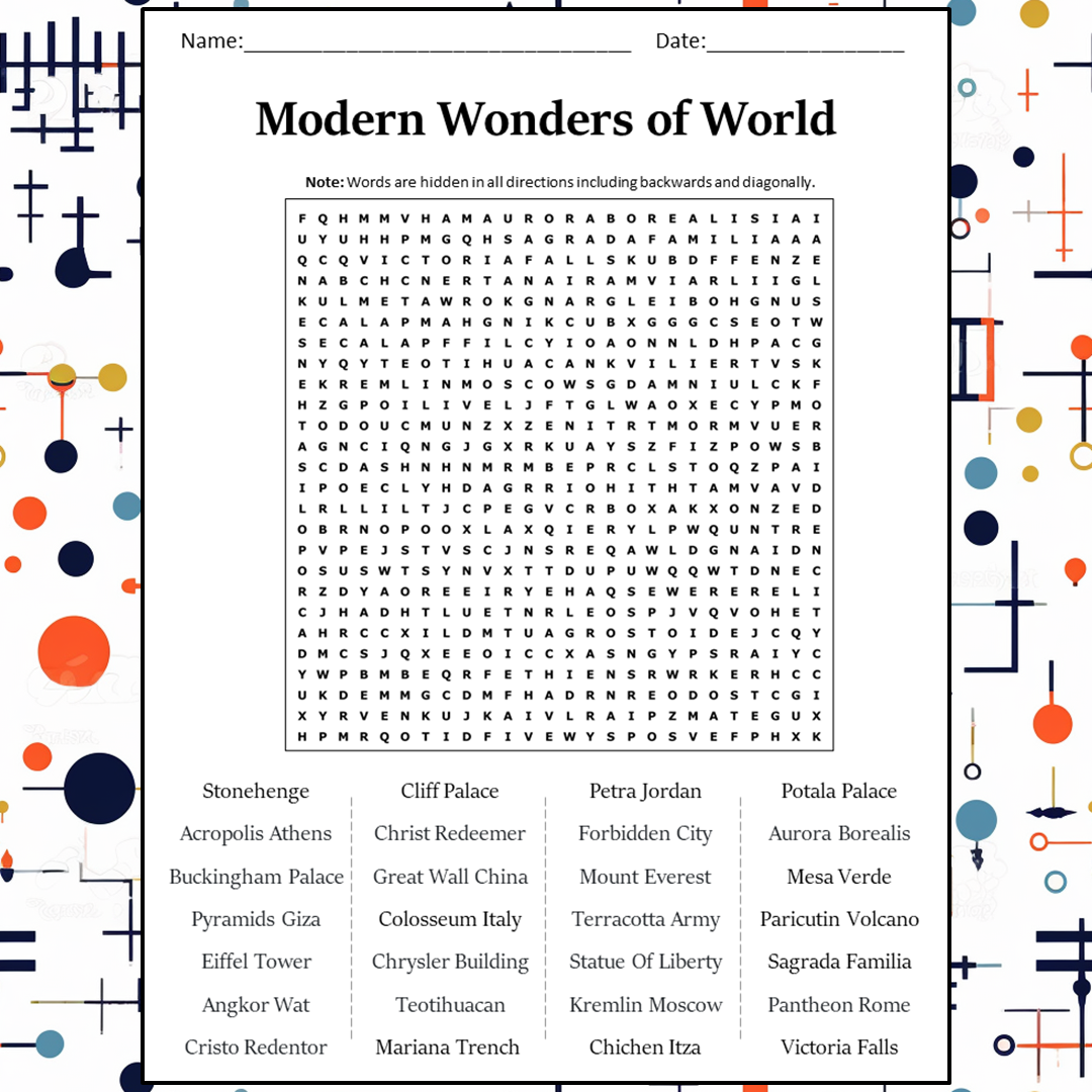 Modern Wonders Of World Word Search Puzzle Worksheet Activity PDF