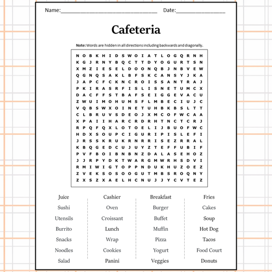 Cafeteria Word Search Puzzle Worksheet Activity PDF