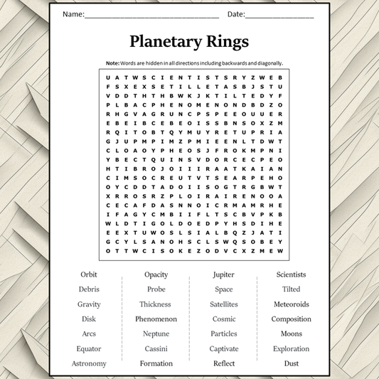 Planetary Rings Word Search Puzzle Worksheet Activity PDF