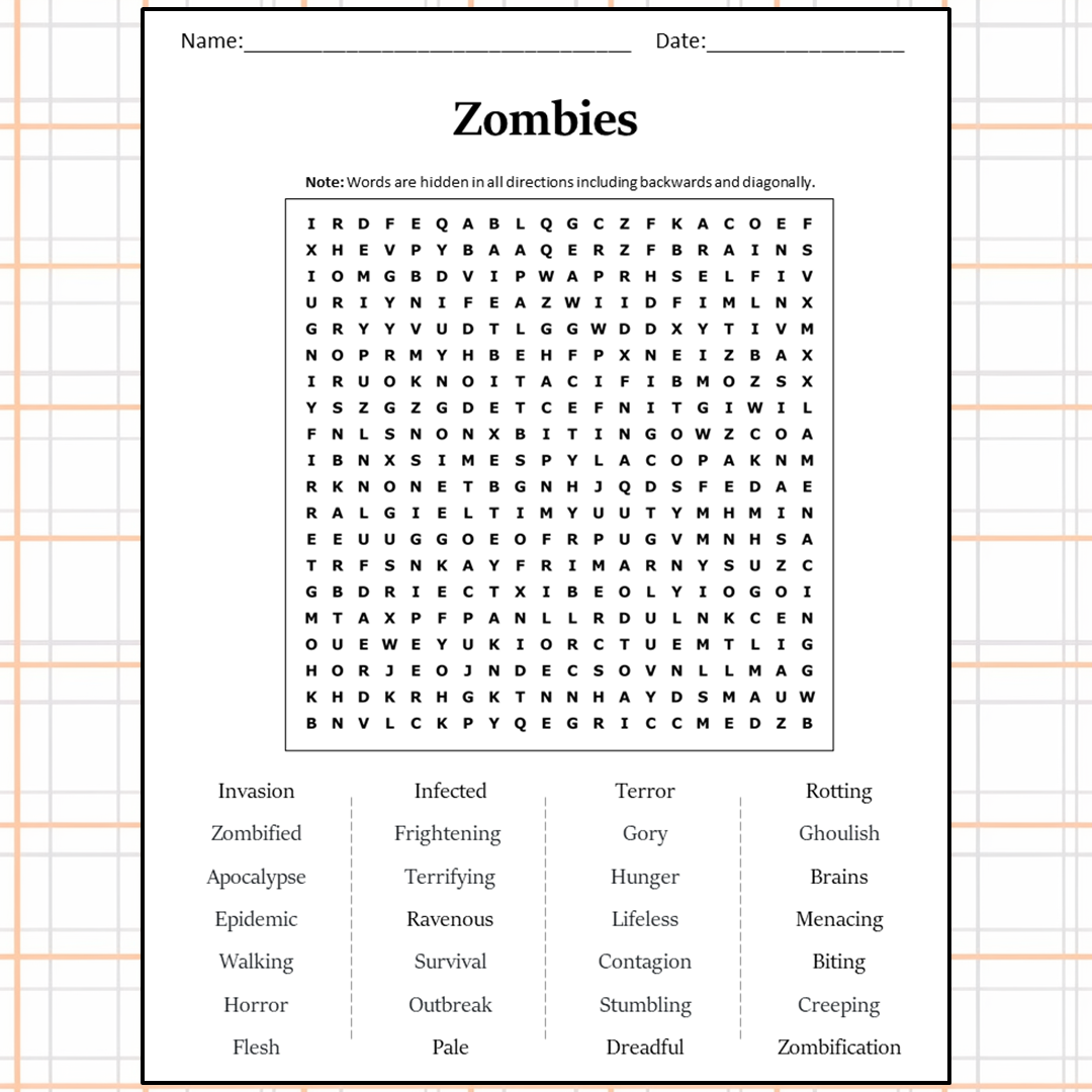 Zombies Word Search Puzzle Worksheet Activity PDF