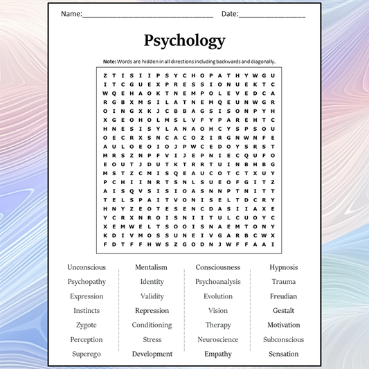 Psychology Word Search Puzzle Worksheet Activity PDF