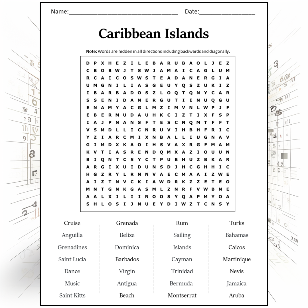 Caribbean Islands Word Search Puzzle Worksheet Activity PDF
