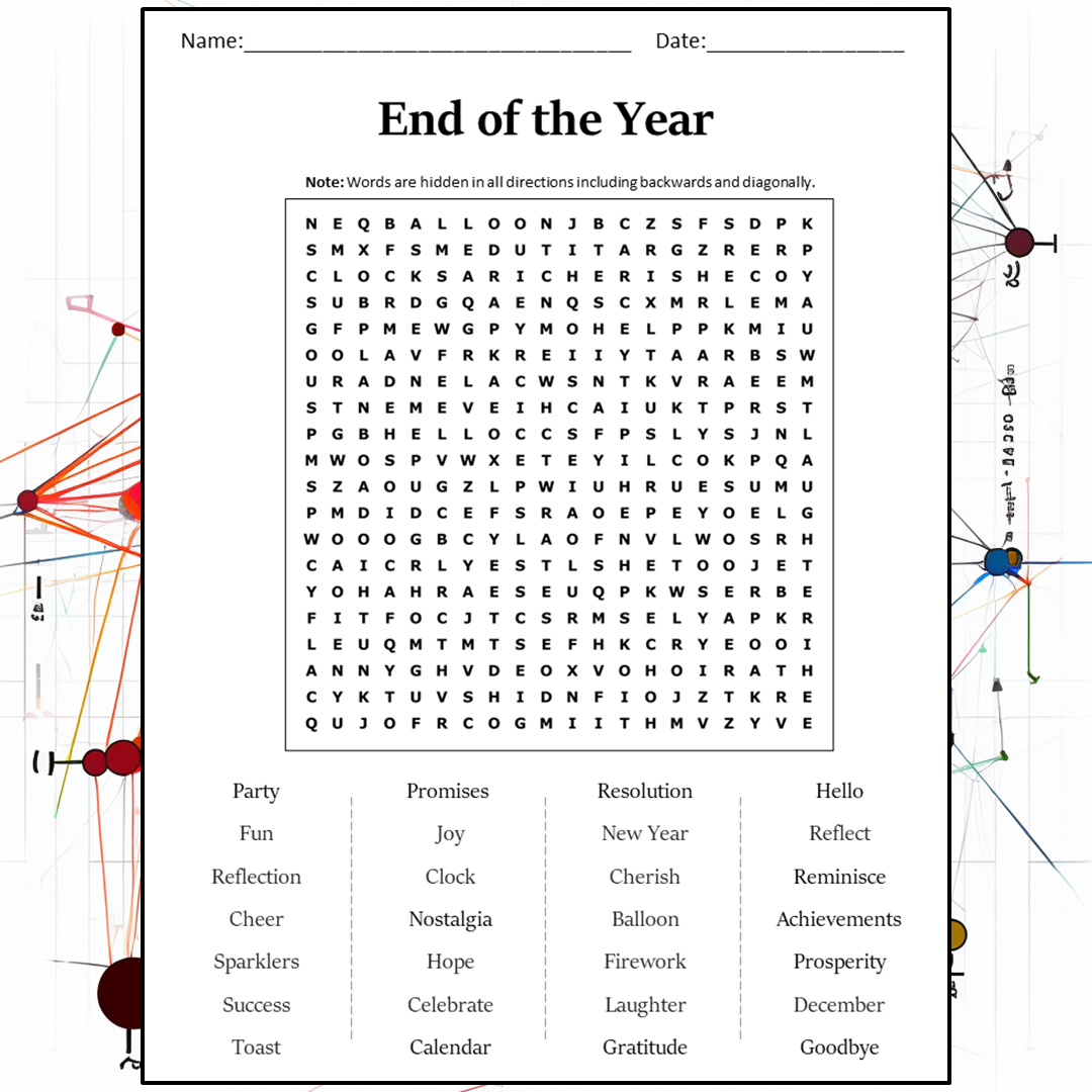 End Of The Year Word Search Puzzle Worksheet Activity PDF