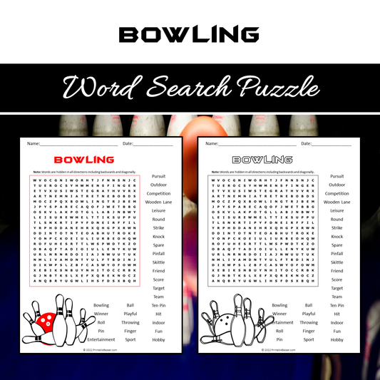 Bowling Word Search Puzzle Worksheet PDF